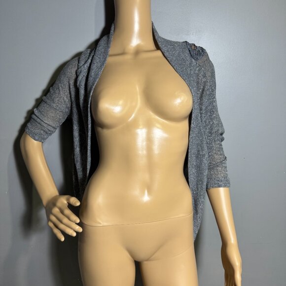 Gray Open-Front Cardigan with Crochet Lace Back – Boho Chic Layering Piece - Picture 2 of 4